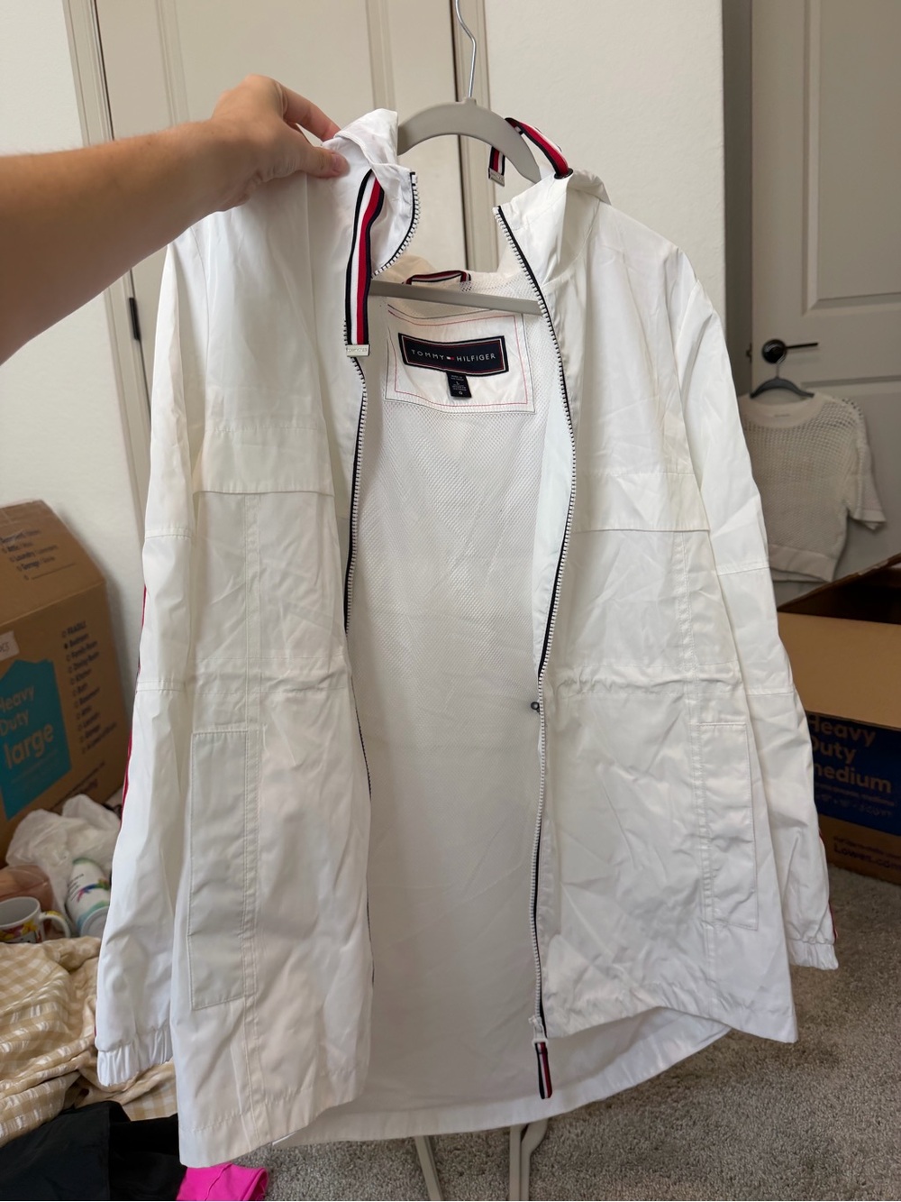 Tommy Hilfiger White Hooded Jacket with Red & Navy Stripe Accents